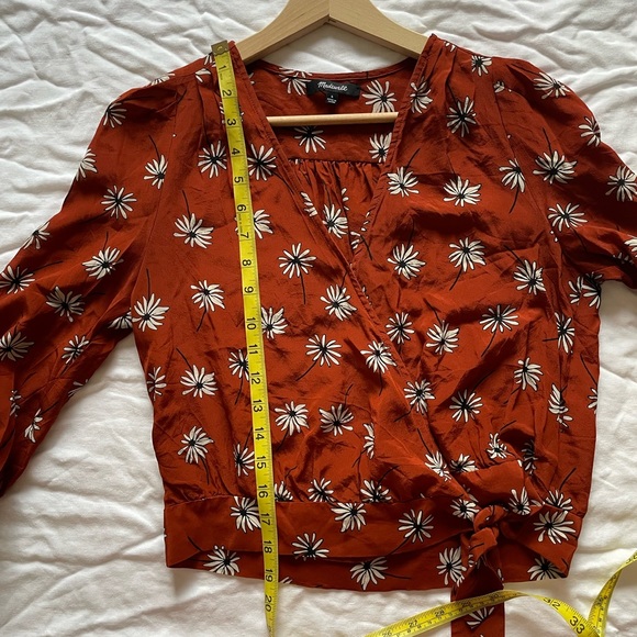 MADEWELL 100% Silk Floral Top 3/4 Bishop Sleeves Ruffled Waist Tie Size Small - Picture 4 of 6